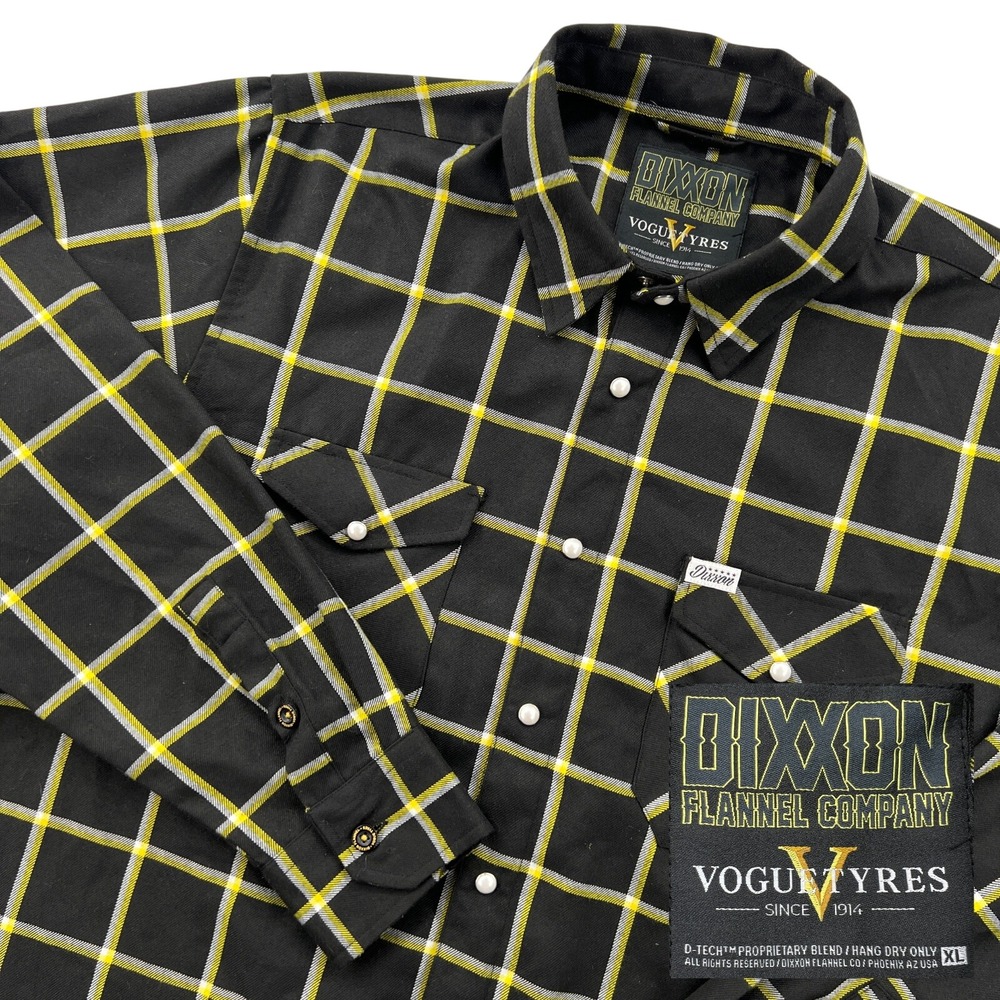 Dixxon Flannel VogueTyres Men XL Black Yellow Plaid Pearl Snap Shirt Biker Moto